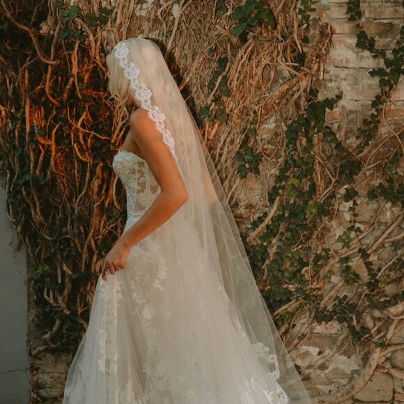 New Mantilla style custom Kleinfeld veil in Diamond White Tulle/White Lace. main image 7